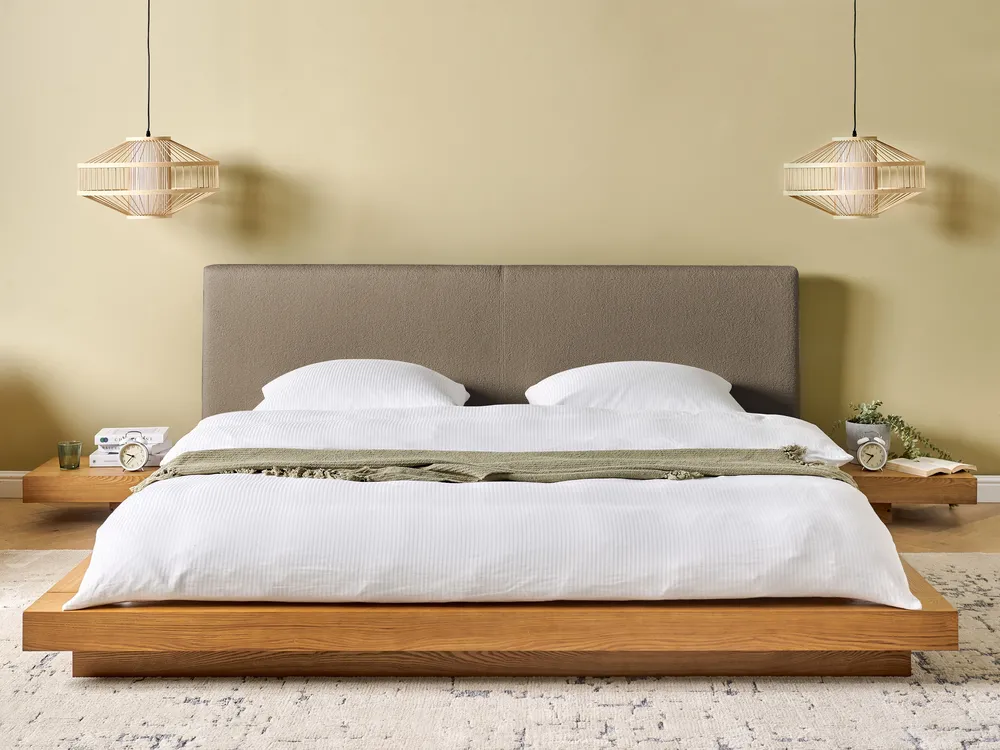 Säng med LED-belysning Bouclé ZEN 180 x 200 cm Naturlig askfanér_1079810