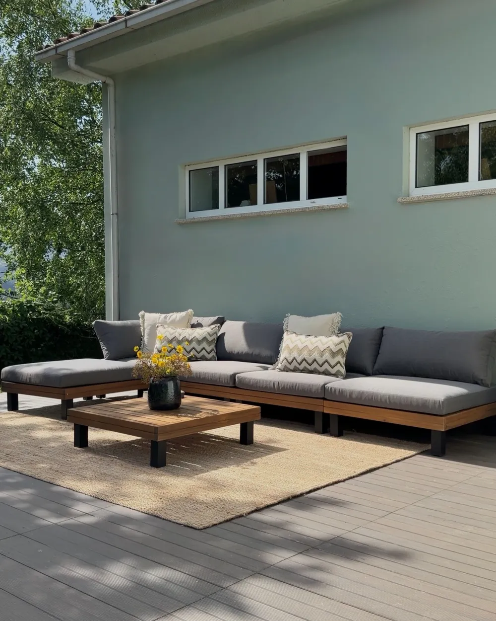 Garden Corner Sofa with Table 5 Seater FRAZZANO Modular Certified Acacia Wood Grey_1072004