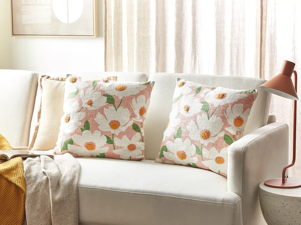 Set of 2 Decorative Cushions JATROPHA 45 x 45 cm Cotton Pink Floral Pattern