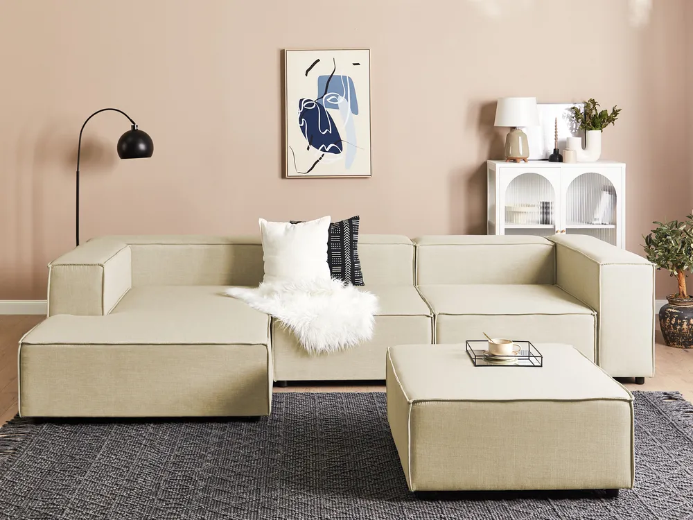 Modular Corner Sofa 3 Seater APRICA with Ottoman Faux Linen Beige Right Hand