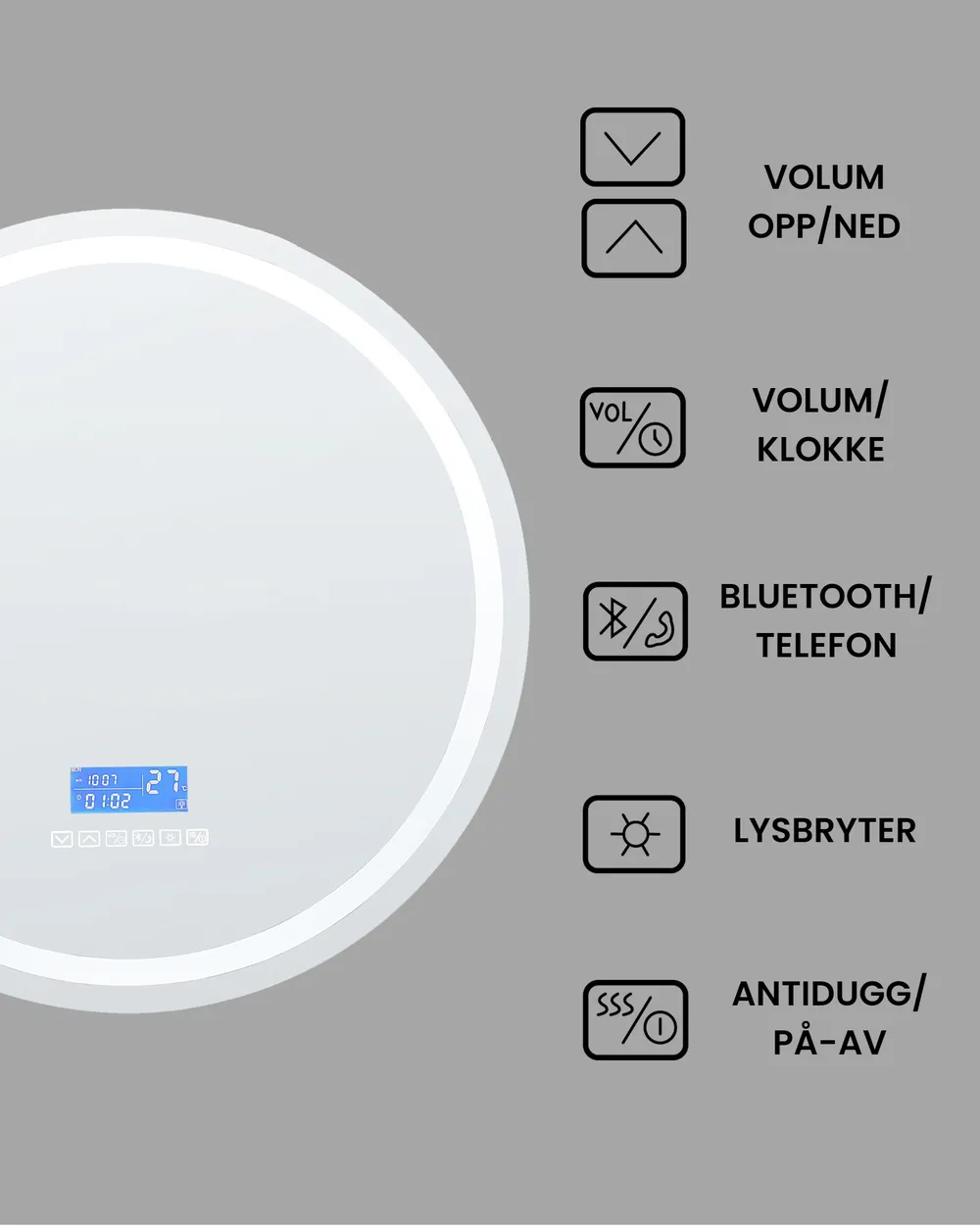 LED-baderomsspeil BROGNON 60 cm 60 cm Med innebygd Bluetooth-høyttaler Sølv_940359
