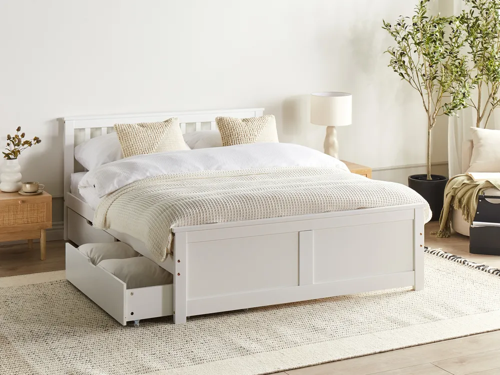 Bed with 4 Drawers OLENDON Pine Wood White 140 x 200 cm (EU Double)