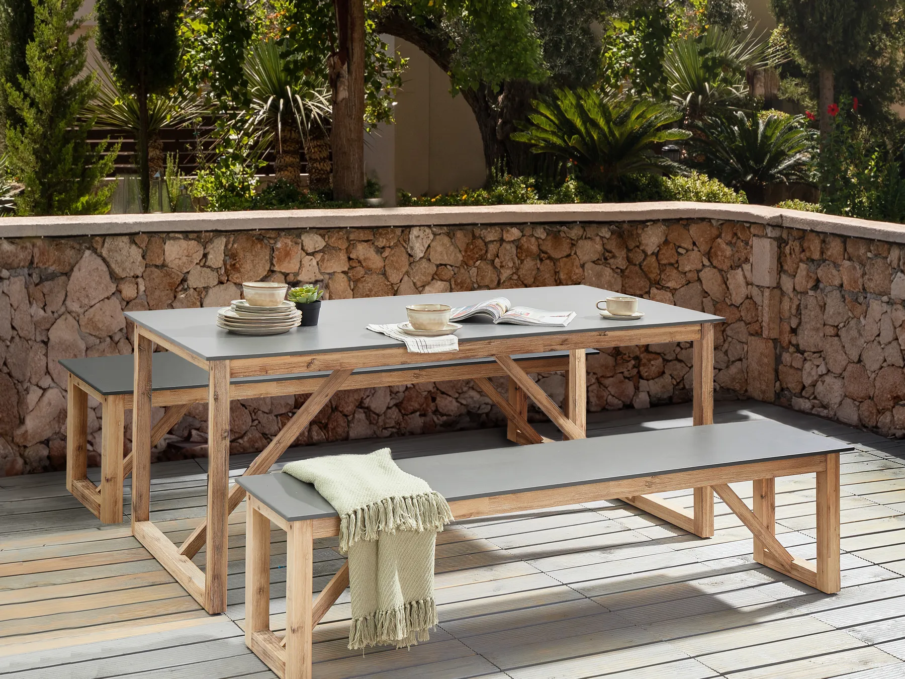 Garden Dining Set with Benches NOTTERI Concrete Grey_986008