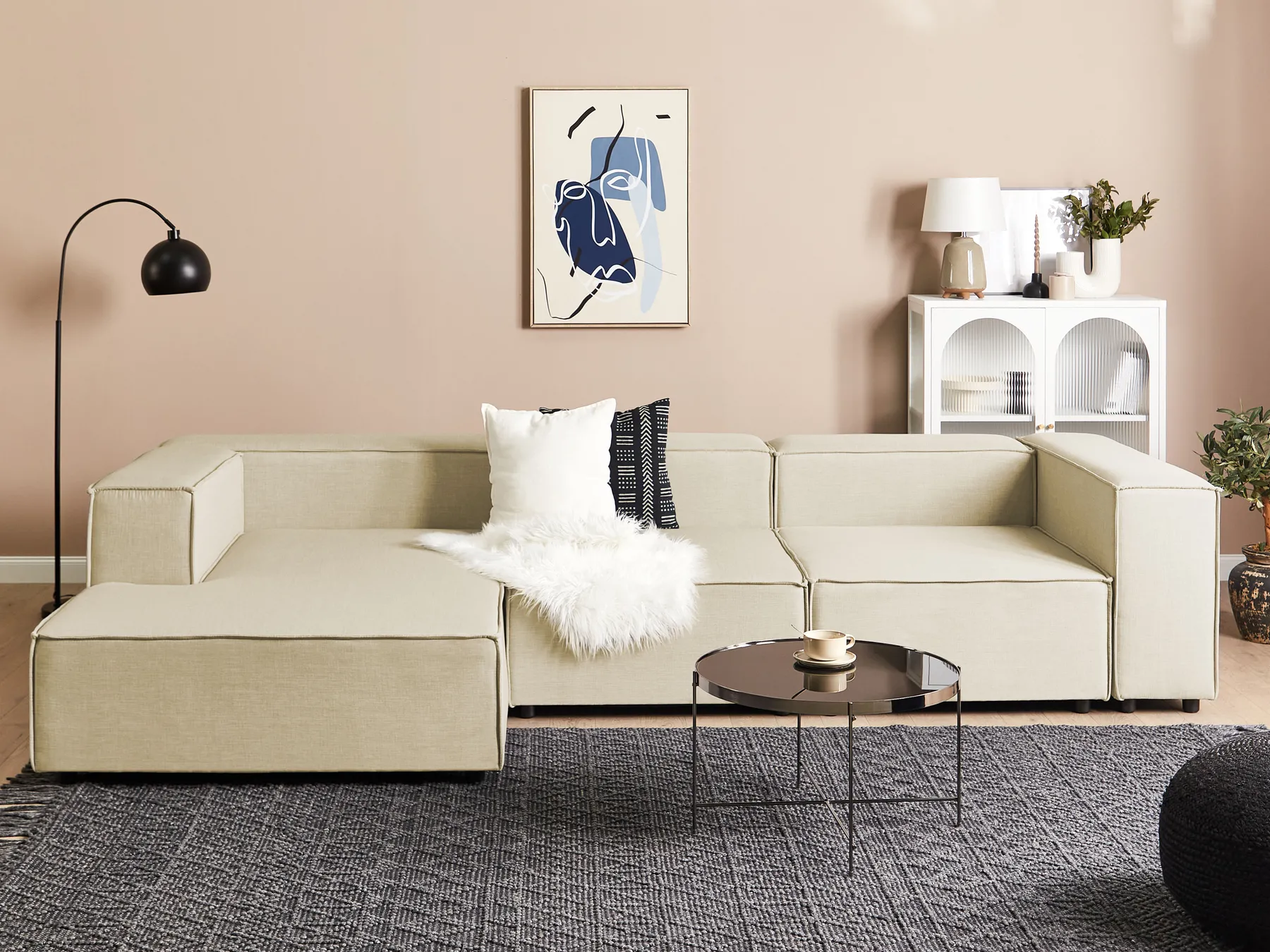 Modular Corner Sofa 3 Seater APRICA Faux Linen Beige Right Hand_856826