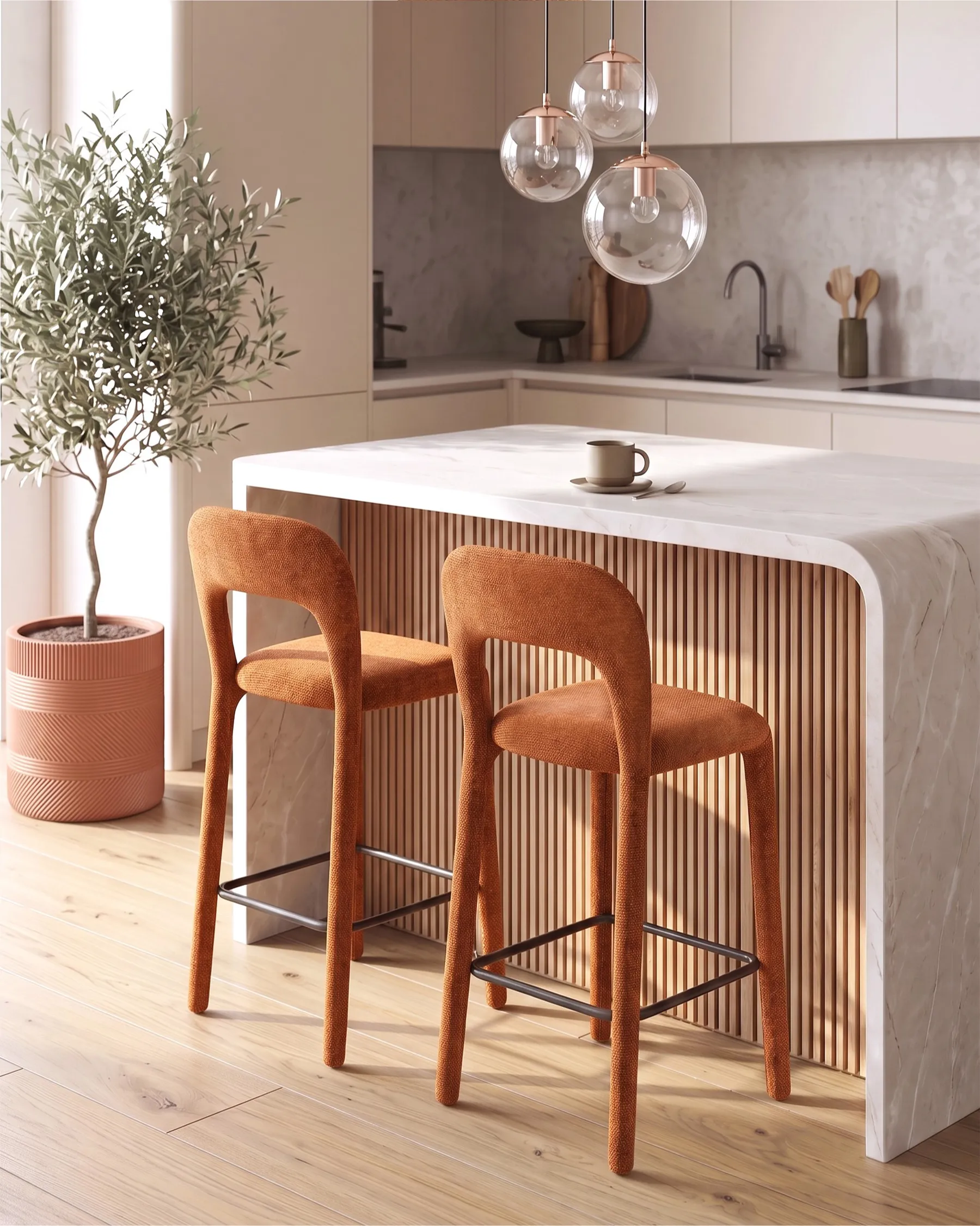 Set of 2 Bar Chairs LAKEVILLE Chenille Golden Brown_1118666