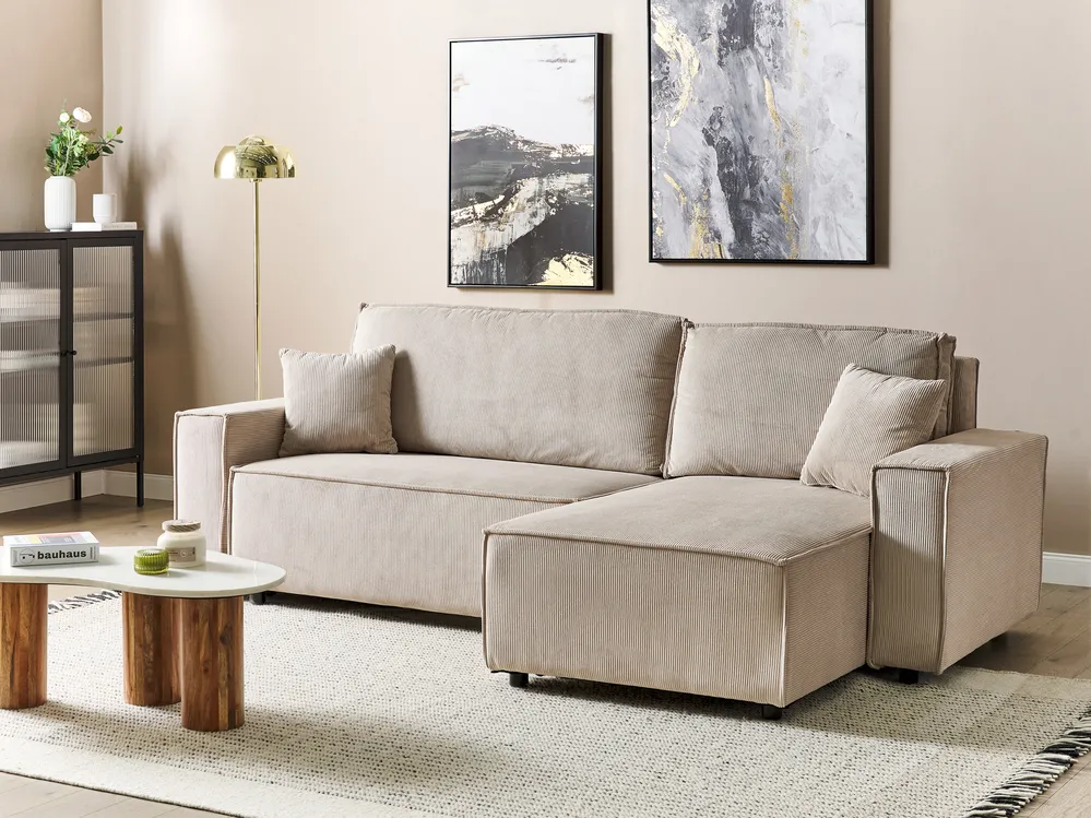 Corner Sofa Bed 3 Seater ABACKA Corduroy Beige Left Hand