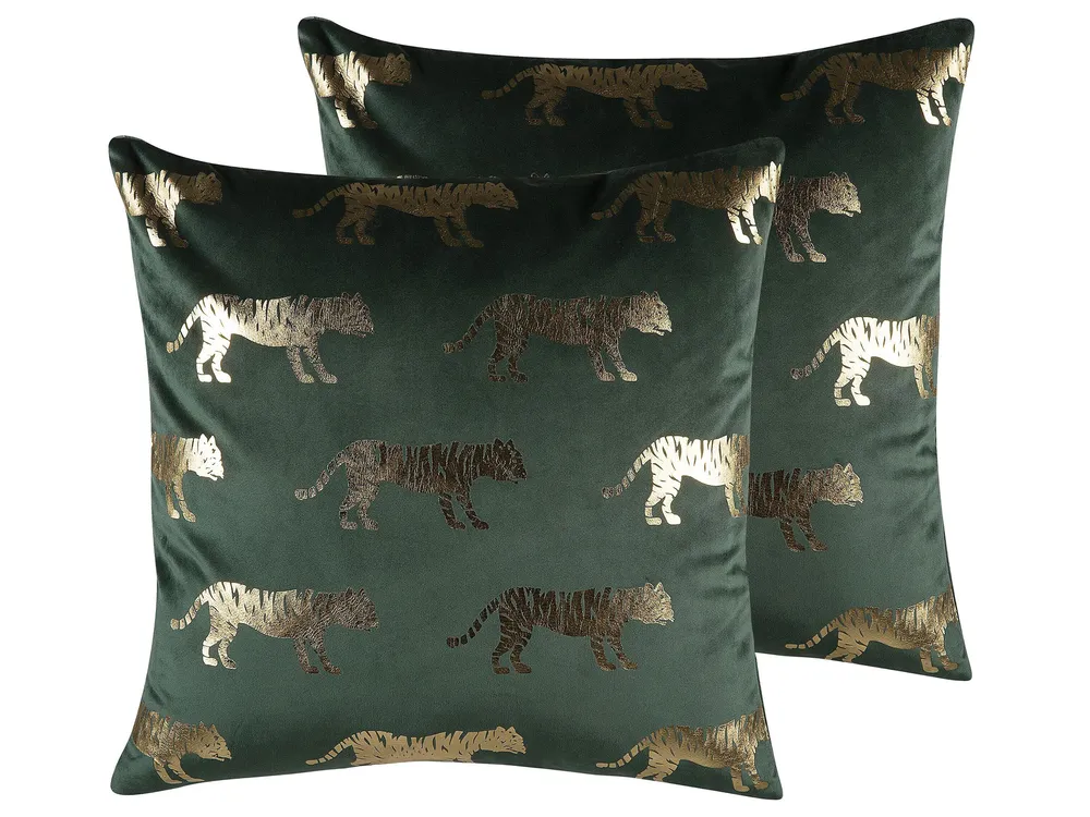 Set of 2 Decorative Cushions BLUEBELL 45 x 45 cm Velvet Dark Green Animal Pattern