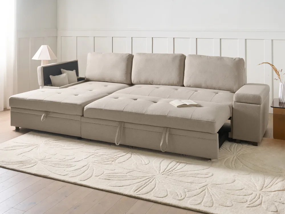 Kulmavuodesohva 3-istuttava HRISEY säilytystila Keinopellava Beige Oikea_1033393