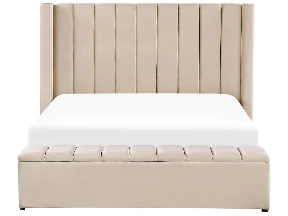 Waterbed with Storage Bench NOYERS Velvet Beige 160 x 200 cm (EU King Size)_915216