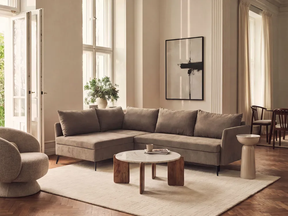 Corner Sofa Bed 3 Seater KOGE with Storage Fabric Brown Right Hand