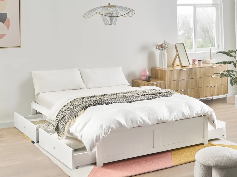 Wooden Bed with Storage White BRUX Various Sizes