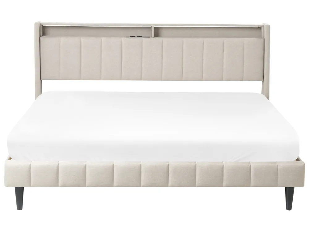 Säng med LED-belysning BEAULIEU Beige 180 x 200 cm med förvaring med USB-port_993563