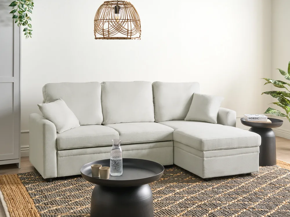 Corner Sofa Bed 3 Seater NASSJO Faux Linen Off-White Left Hand