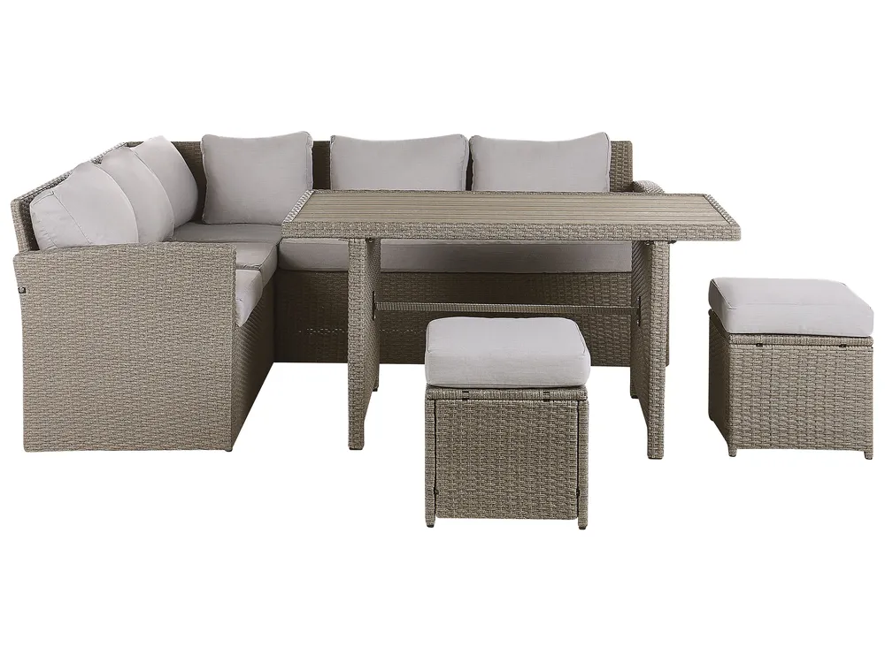 Trädgårdssoffgrupp med bord och fotpall 5-sits BARDI med kuddar Konstrotting Taupe_833691