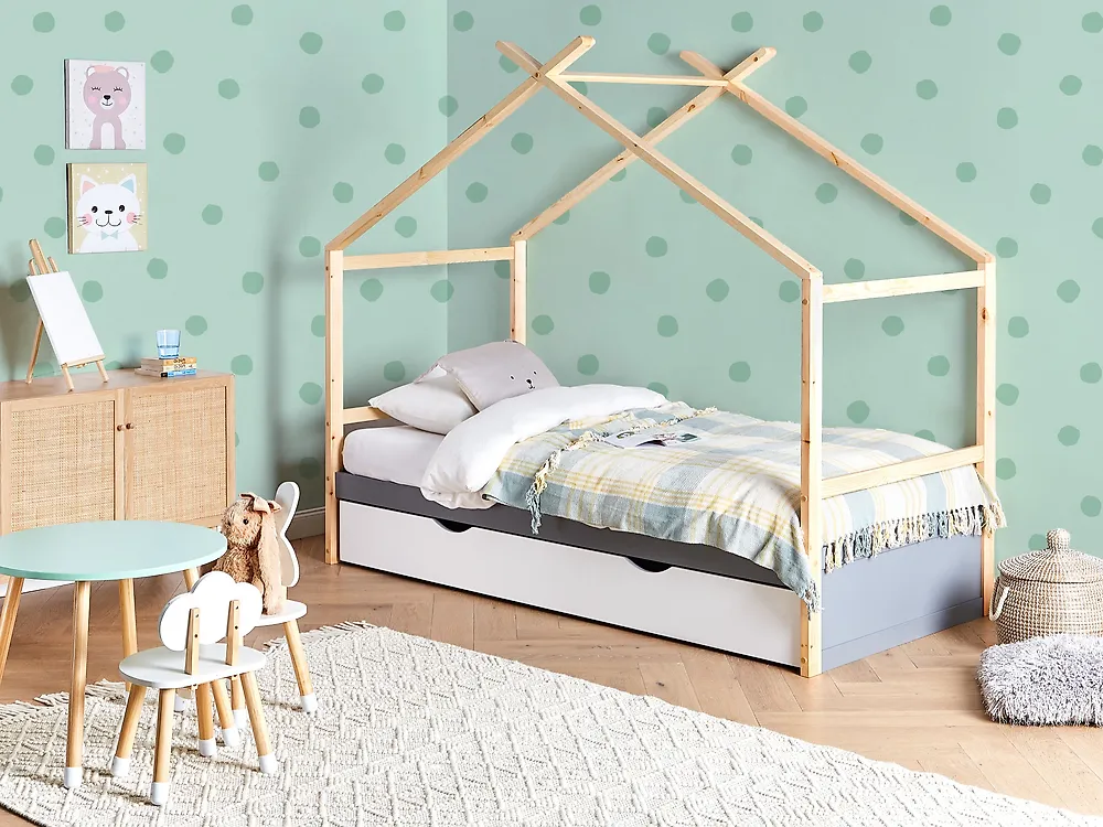 Kids Bed House Pine Wood ORGEVAL 90 x 200 cm (EU Single) with Storage Grey_1179014