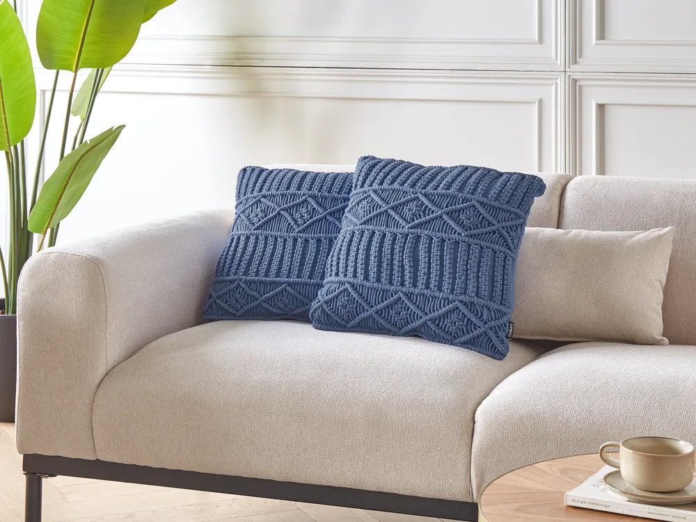 Set of 2 Decorative Cushions KARATAS 45 x 45 cm Cotton Blue Geometric Pattern