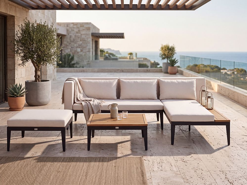Garden Lounge Set with Table and Ottoman 3 Seater BRACCIANO Certified Acacia Wood Light Beige Left Hand