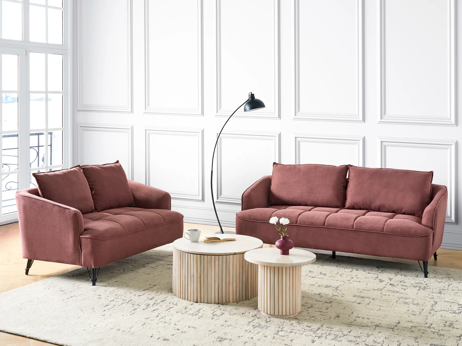 Living Room Set 5 Seater HOBRO Fabric Burgundy_948048