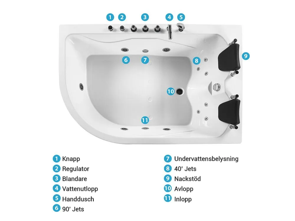 Hörnbubbelbadkar med LED CALAMA 1800 x 1200 mm Vit Vänstervänd_781606