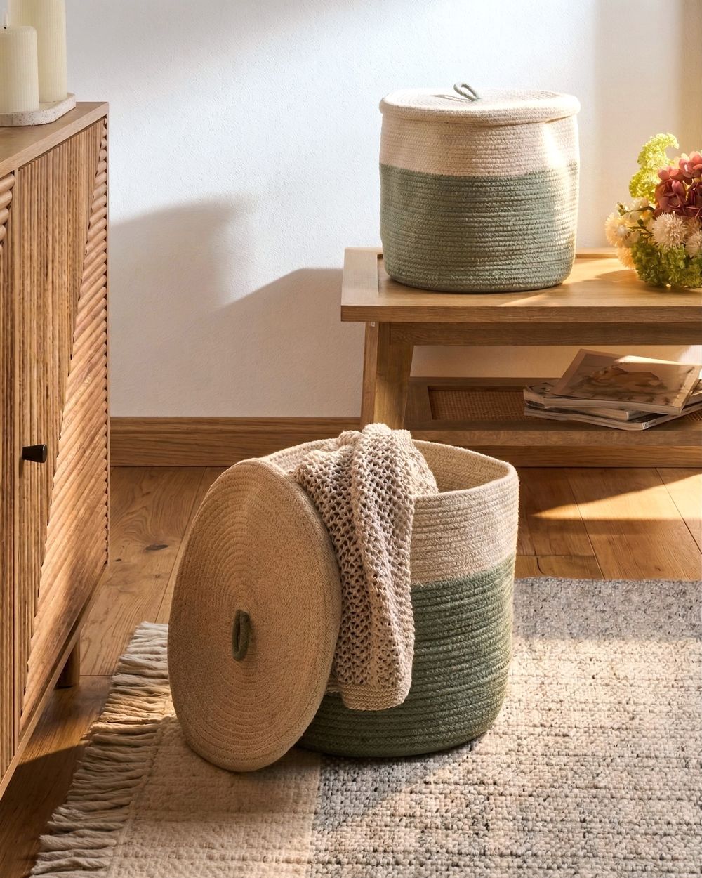 Set med 2 korgar SILOPI Bomull Ljusbeige/ Grön
