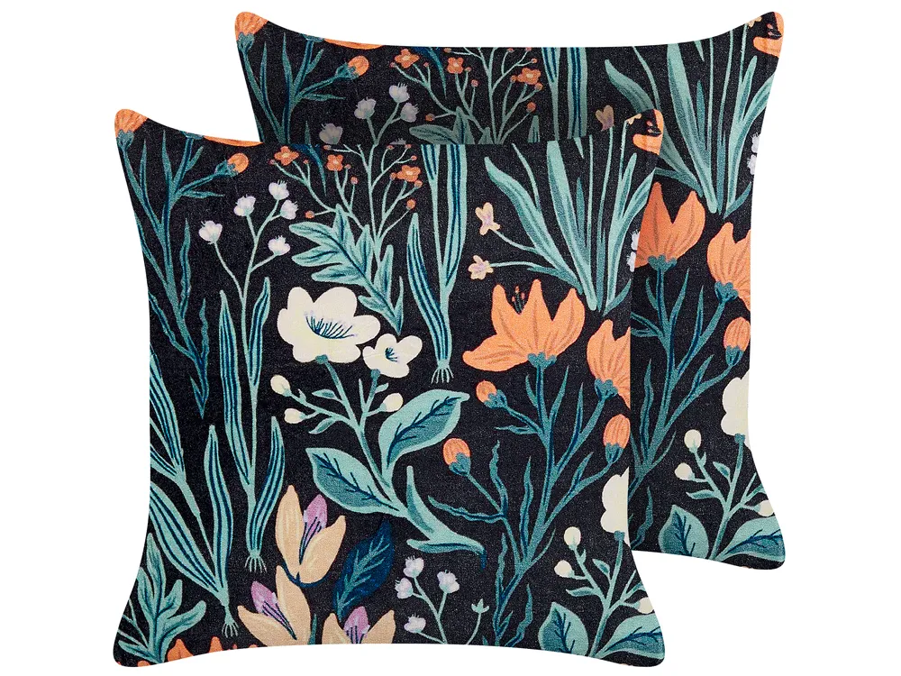 Set of 2 Decorative Cushions OSMUNDA 45 x 45 cm Velvet Black Floral Pattern