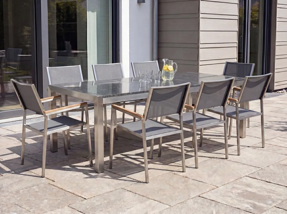 Garden Dining Set 8 Seater GROSSETO Triple Plate Granite Polished Grey