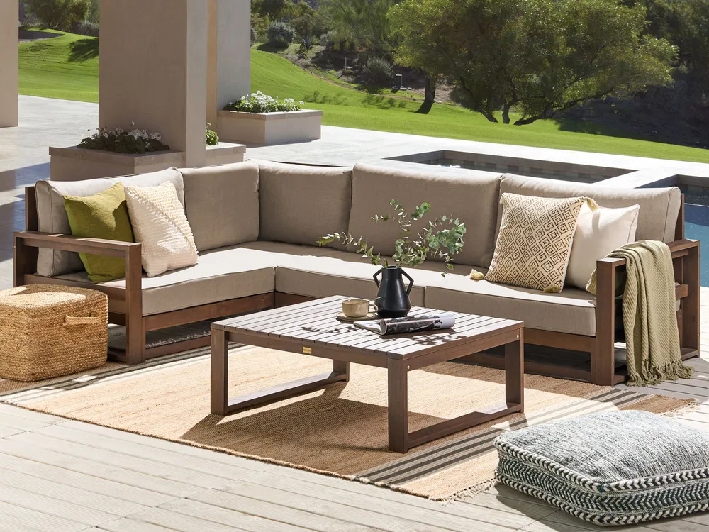 Garden Corner Sofa with Table 4 Seater TIMOR Modular Certified Acacia Wood Dark Brown Right Hand