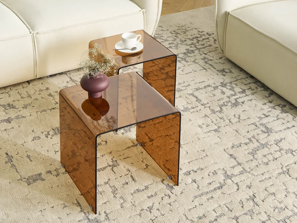 Set of 2 Side Tables KENDALL Tempered Glass Brown