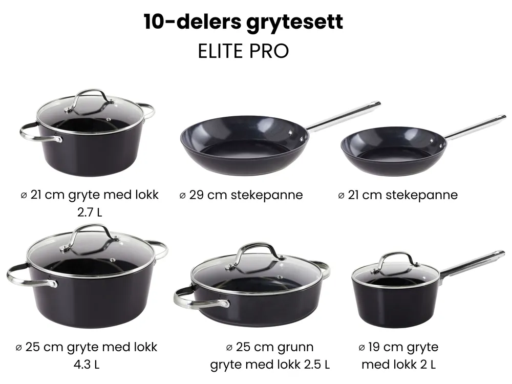 Grytesett med 10 deler ELITE PRO Svart_992883