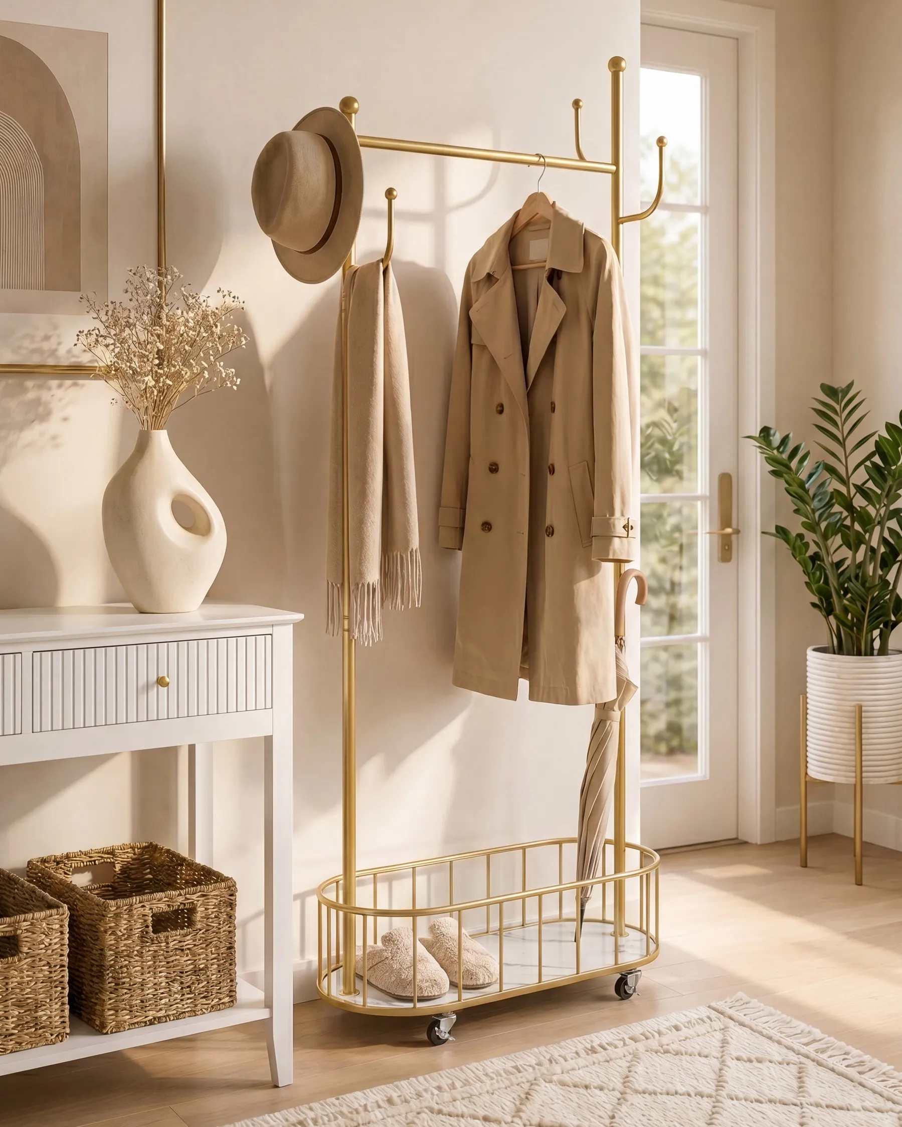 Coat Stand LOUMARIN with Shelf with Wheels Gold_1085005