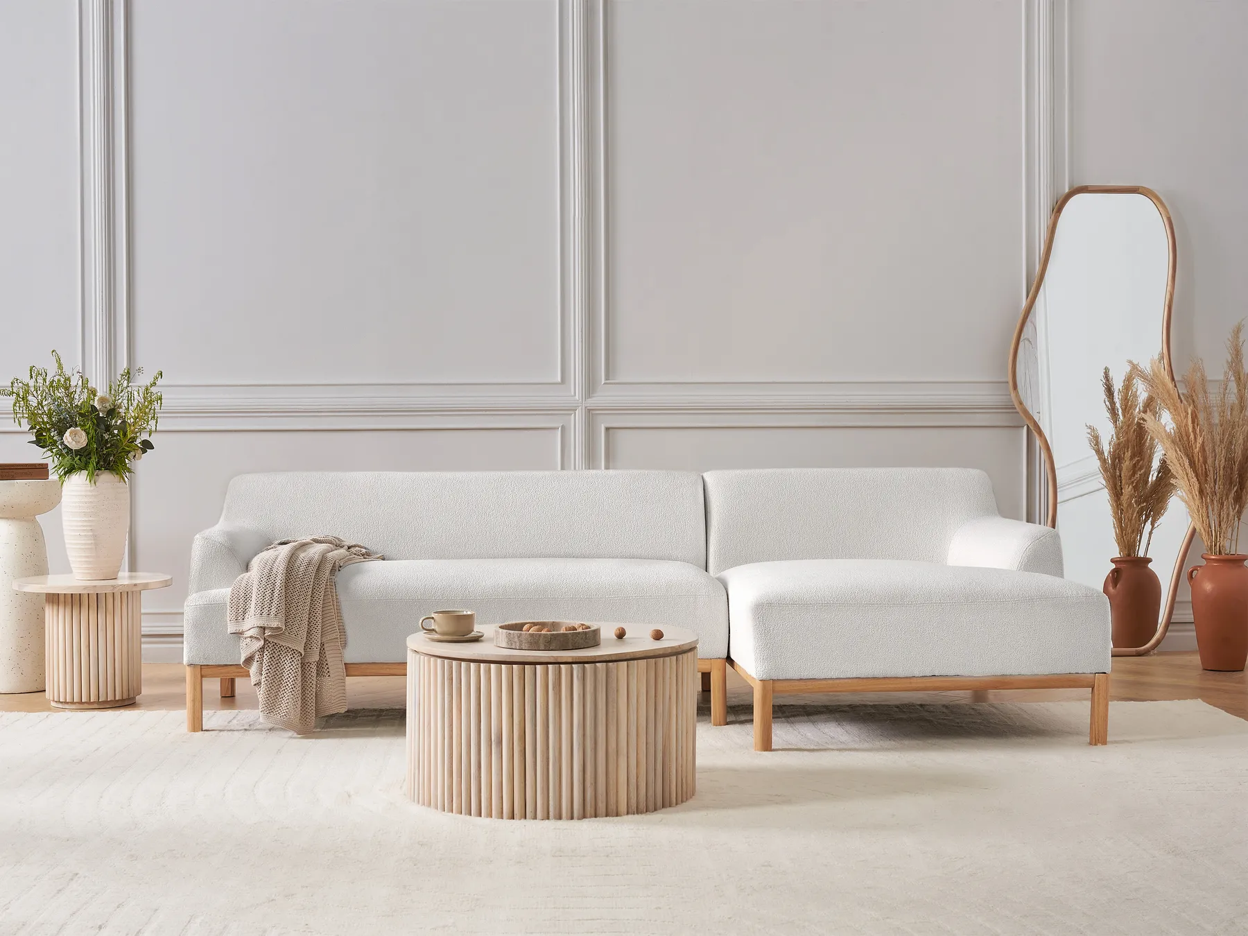 Corner Sofa 3 Seater SOSJO Boucle Off-White Left Hand_941245