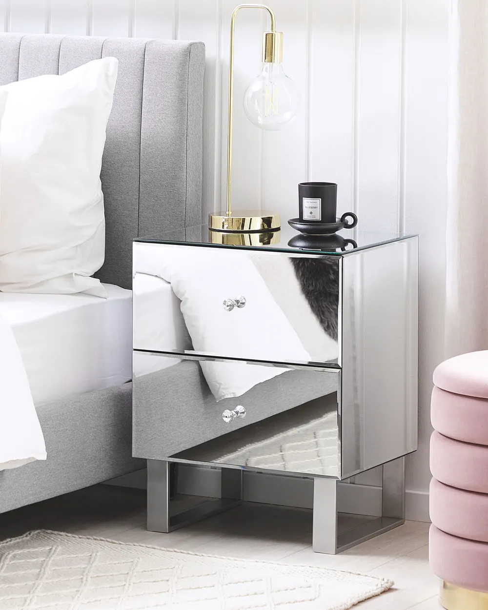2 Drawer Bedside Table NESLE Glass Mirrored Silver