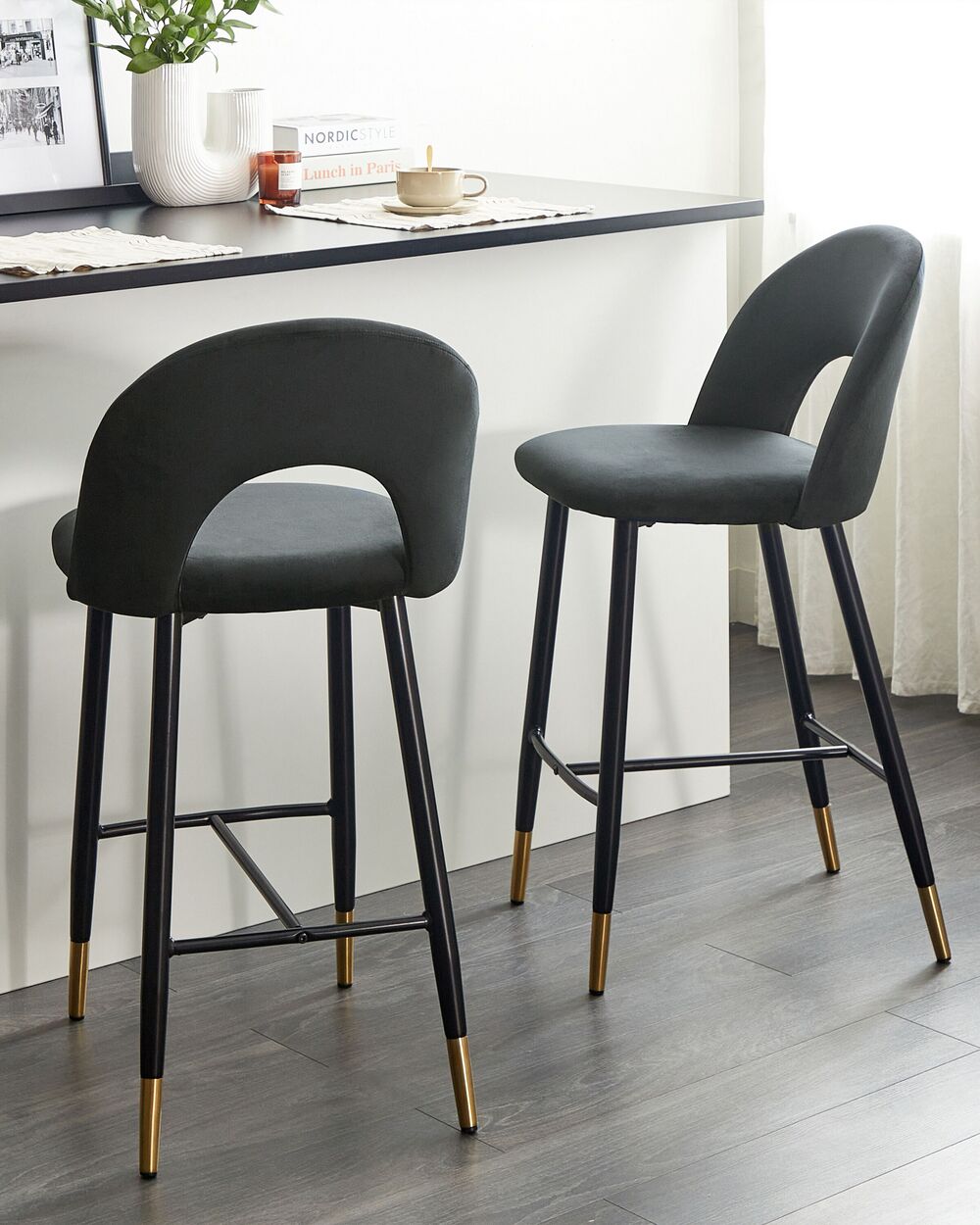 Set med 2 barstolar FALTON Sammet Svart