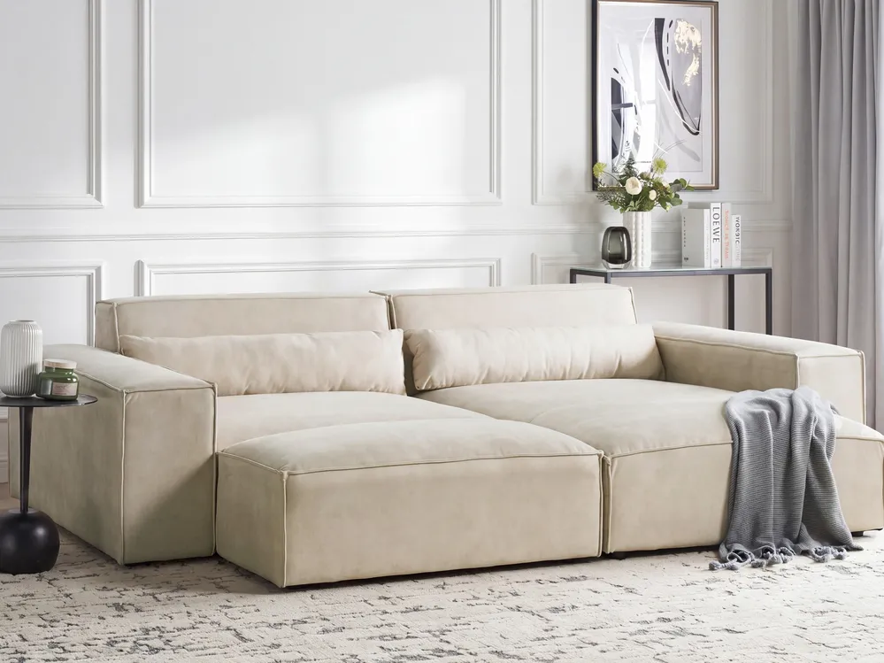 Modular Corner Sofa 3 Seater HELLNAR with Ottoman Velvet Light Beige Left Hand