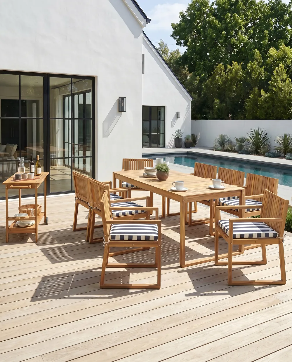 Set of 8 Garden Chairs with Cushions SASSARI II Certified Acacia Wood Navy Blue