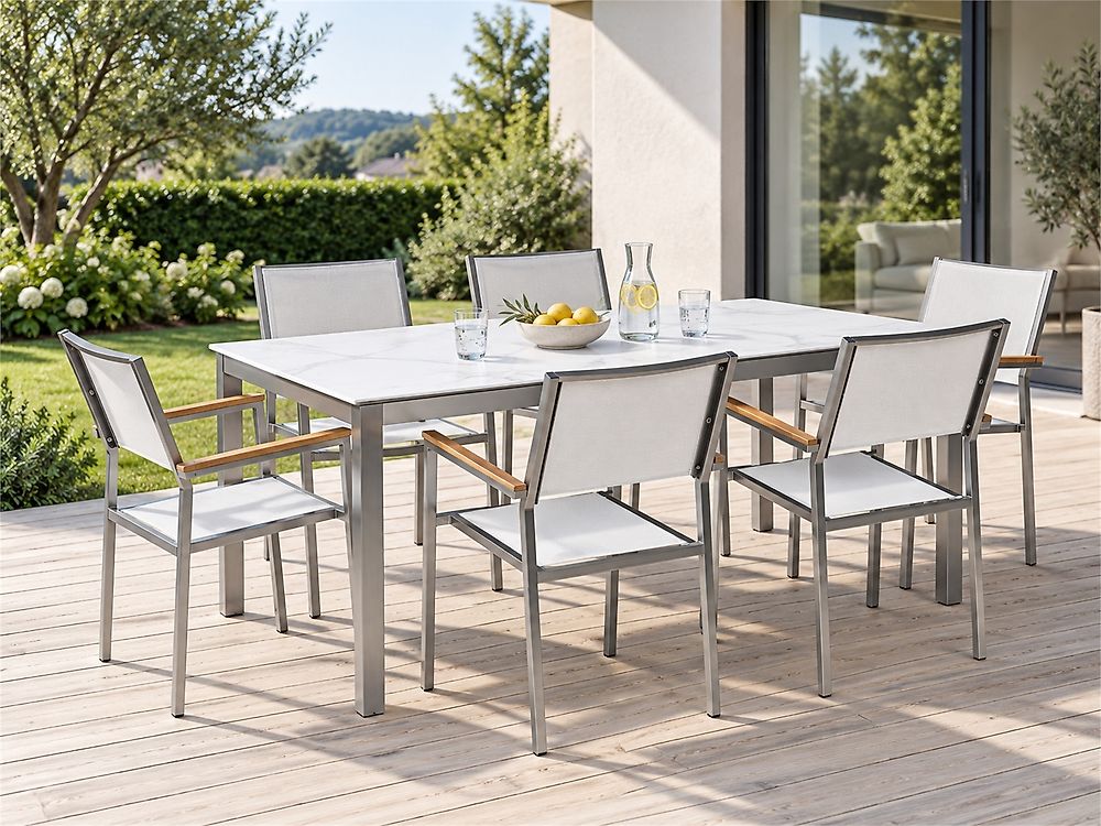 Garden Dining Set 6 Seater COSOLETO/GROSSETO Tempered Glass Marble Effect White Marble