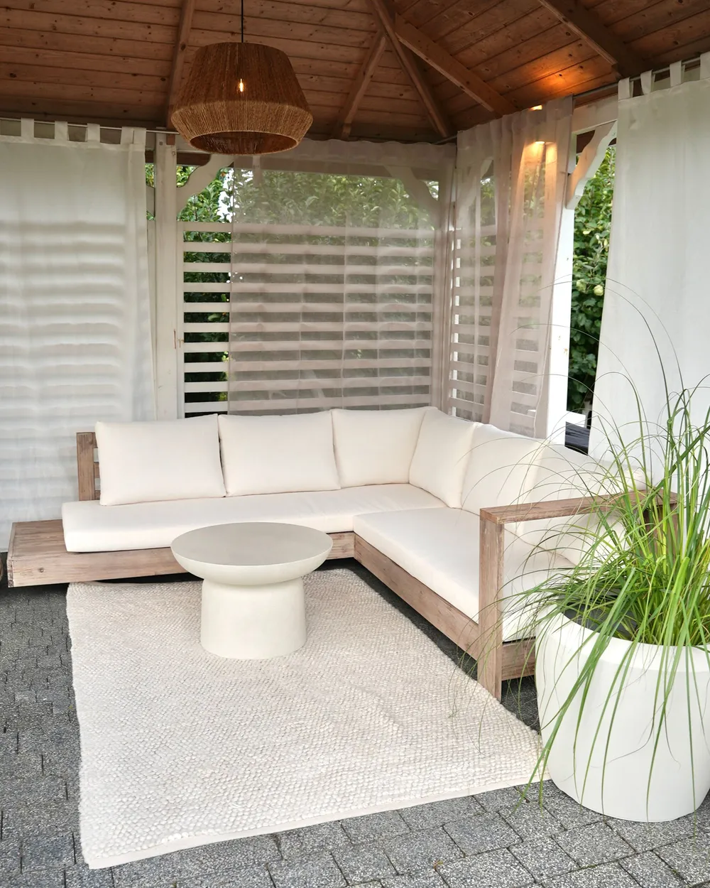 Garden Corner Sofa 5 Seater MARETTIMO Certified Acacia Wood Off-White Left Hand_1160898