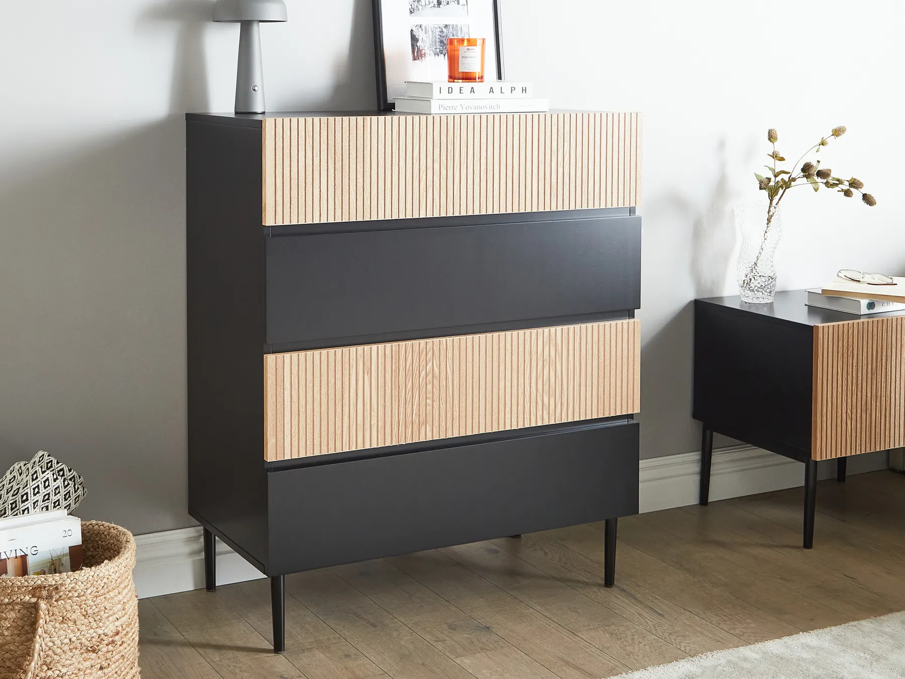 Lipasto 4 laatikolla BLYTHE Luonnollinen saarniviilu Musta_968848
