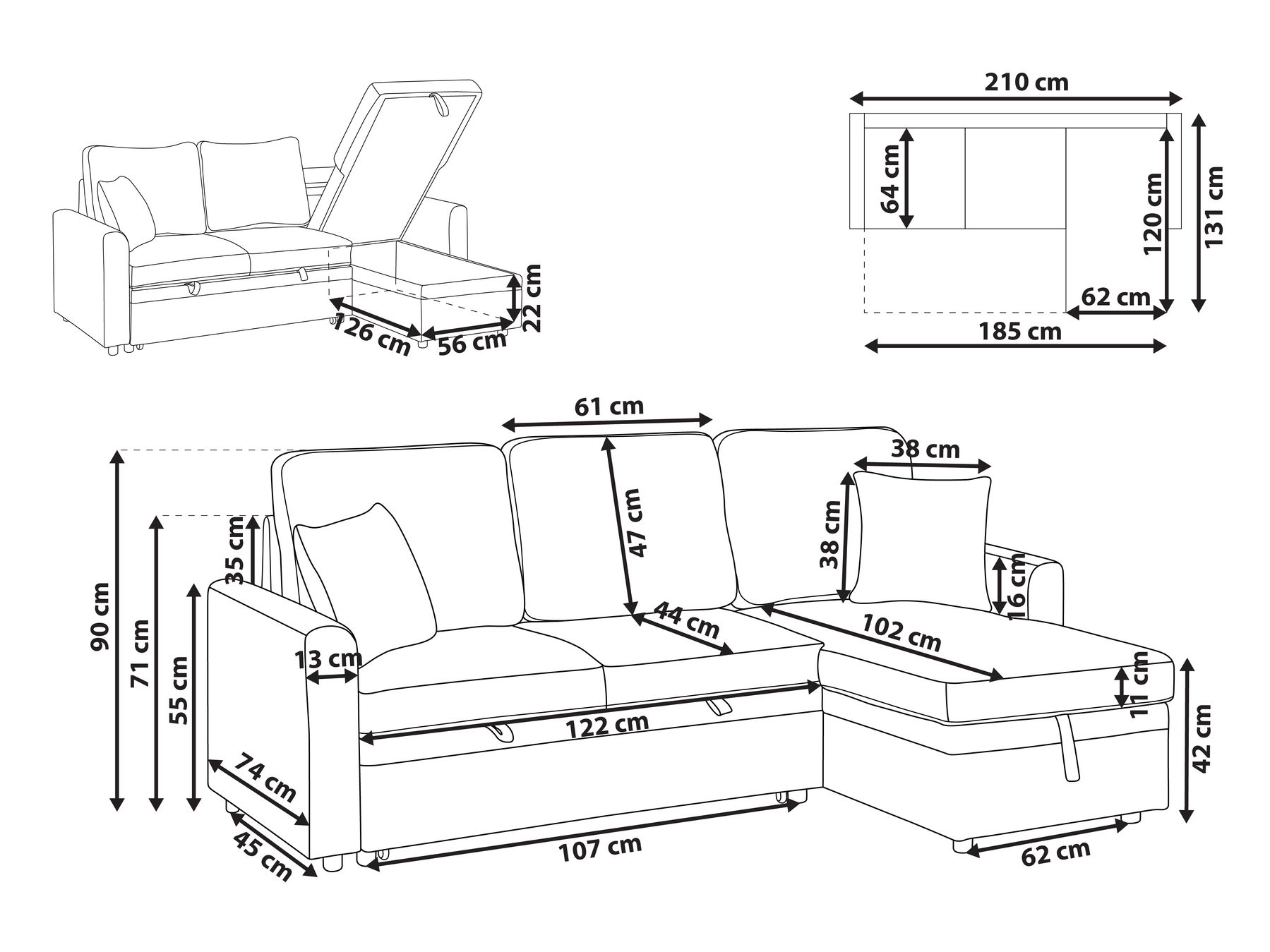 Corner Sofa Bed 3 Seater NASSJO with Storage Faux Linen Light Brown Left Hand_1000392