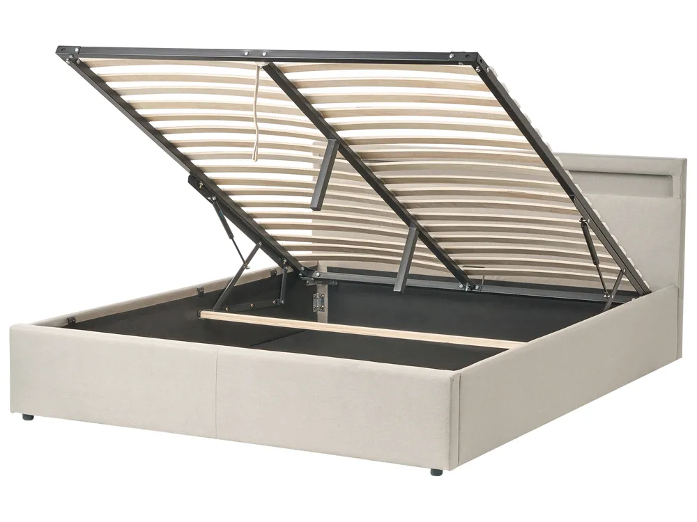 Ottoman Bed with LED ARMELLE Fabric Beige 160 x 200 cm (EU King Size)