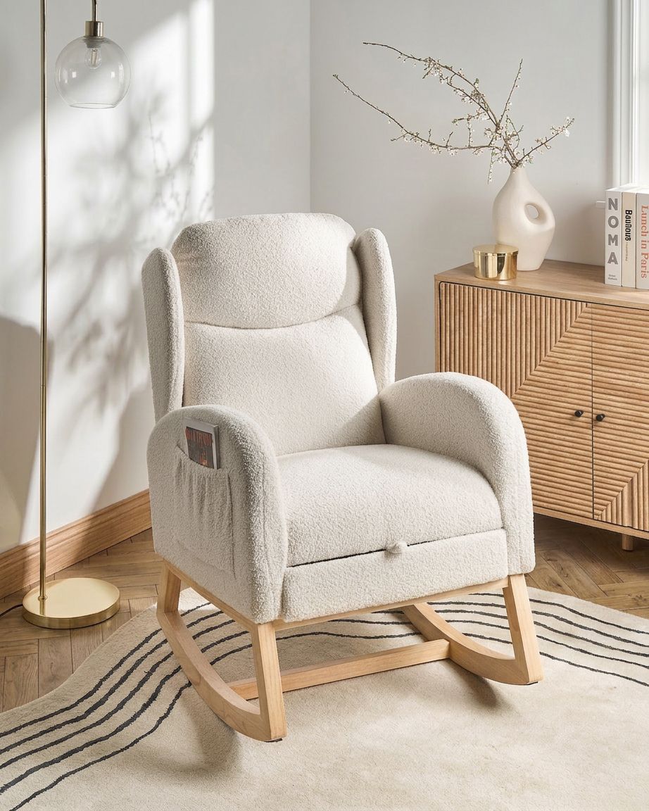 Rocking Chair HASLEV  with Footrest Boucle Off-White