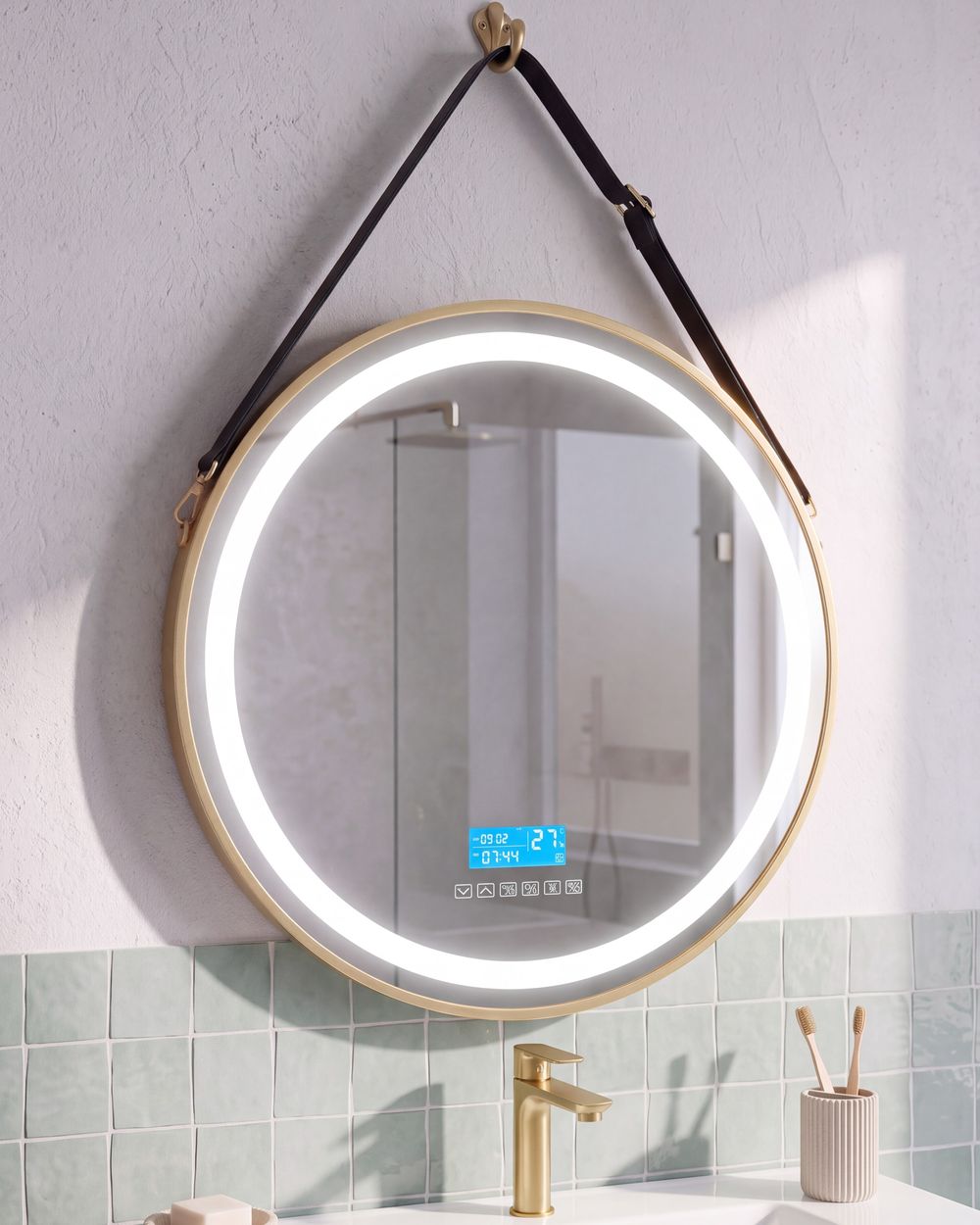 LED Bathroom Mirror DAROIS 60 cm 60 cm with Built-In Bluetooth Speaker Gold