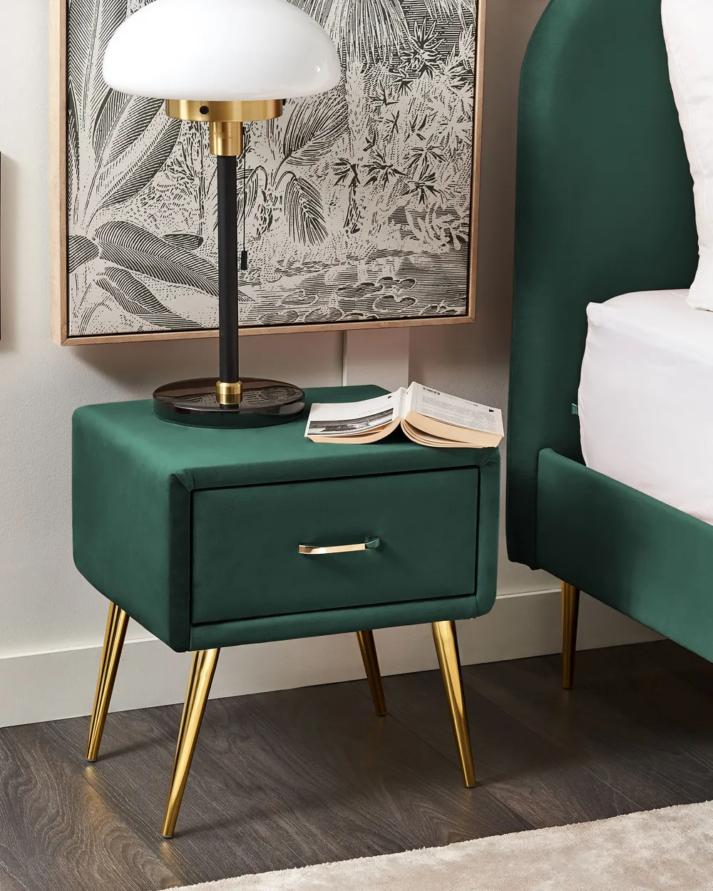1 Drawer Bedside Table FLAYAT Velvet Emerald Green