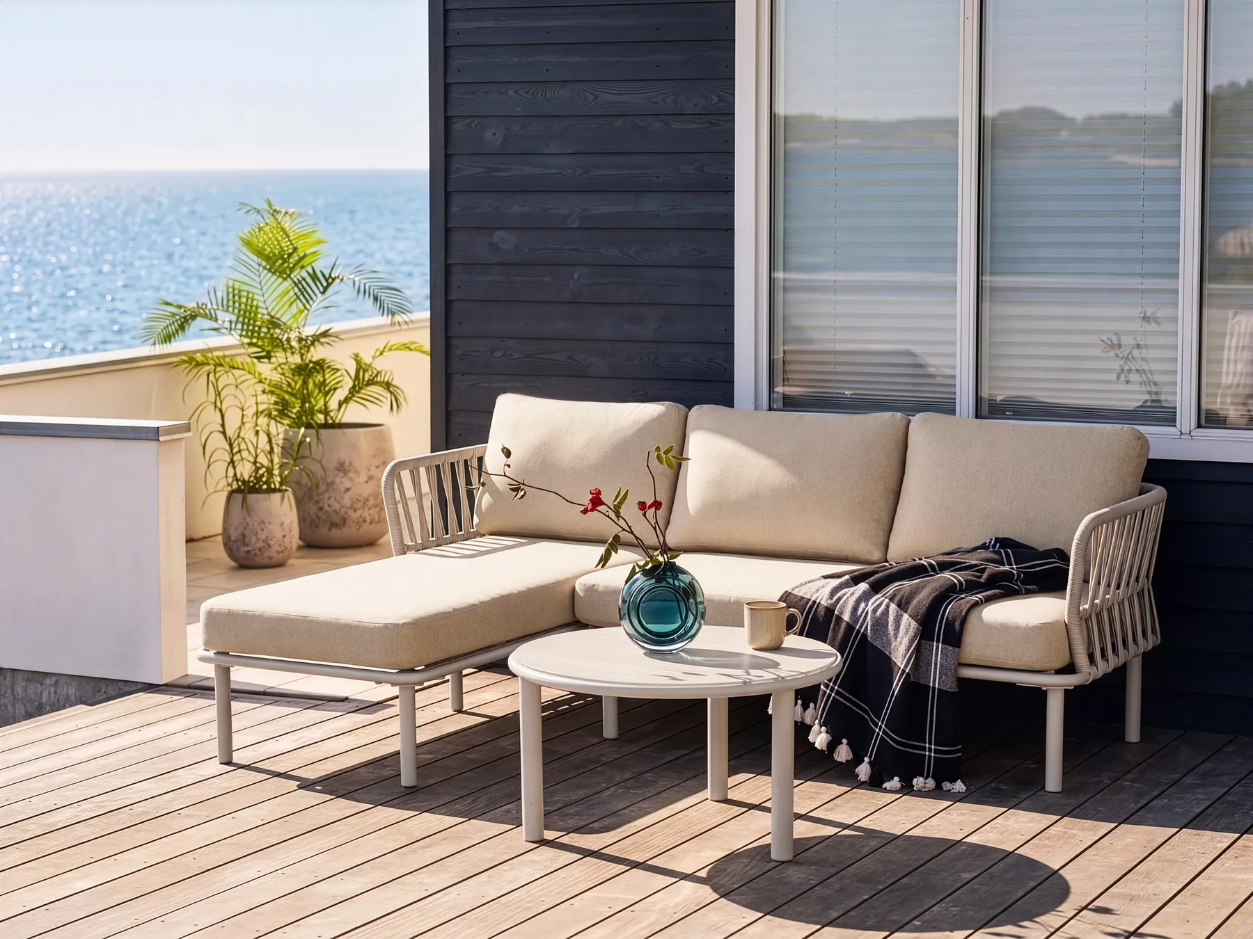 Garden Corner Sofa with Table 3 Seater ORTE Metal Beige Right Hand_1125231