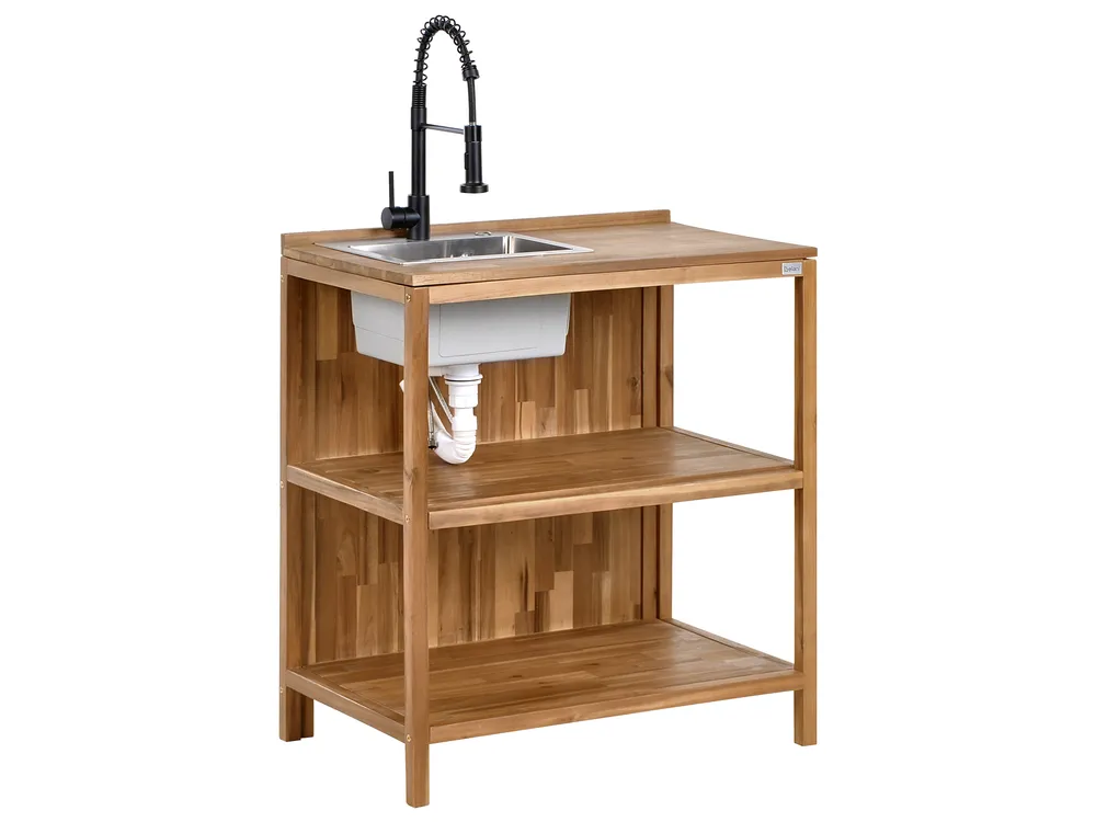 Outdoor Kitchen Island with Sink VENOSA Brown/ Black Brown Acacia Wood
