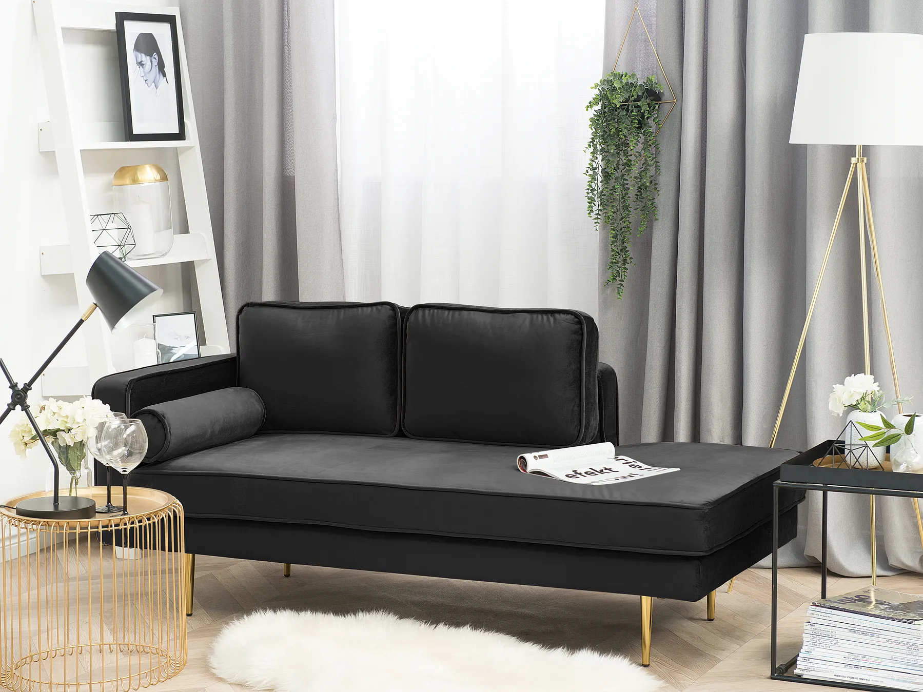 Left-Hand Chaise Longue MIRAMAS Velvet Black_761538