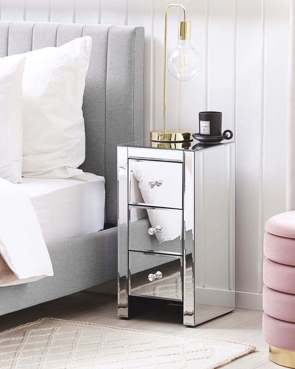Sängbord med 3 lådor LORRIS Glas Spegelblank silver