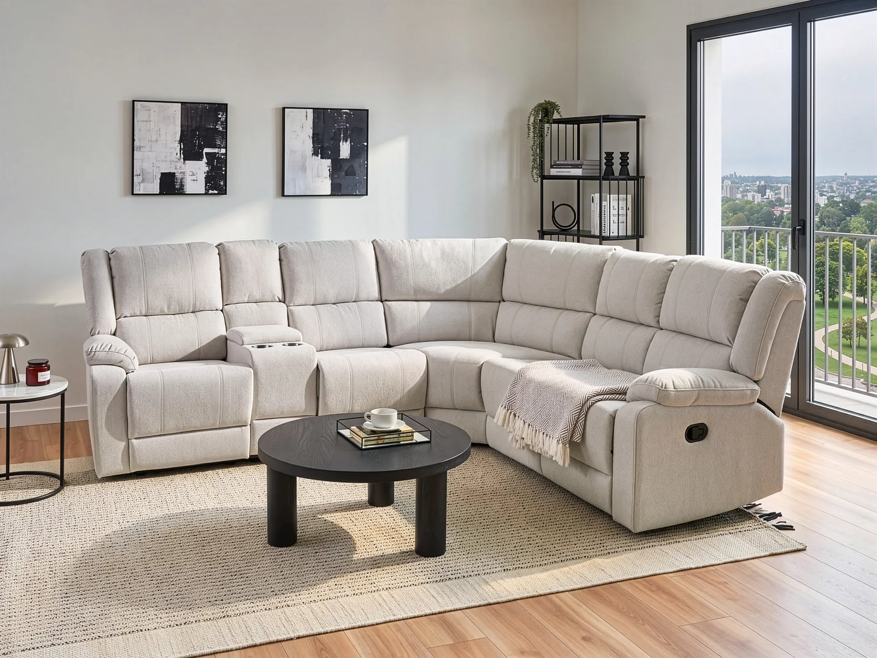 Manual Recliner Corner Sofa 5 Seater ROKKE Fabric Off-White Light Beige Left Hand_959342