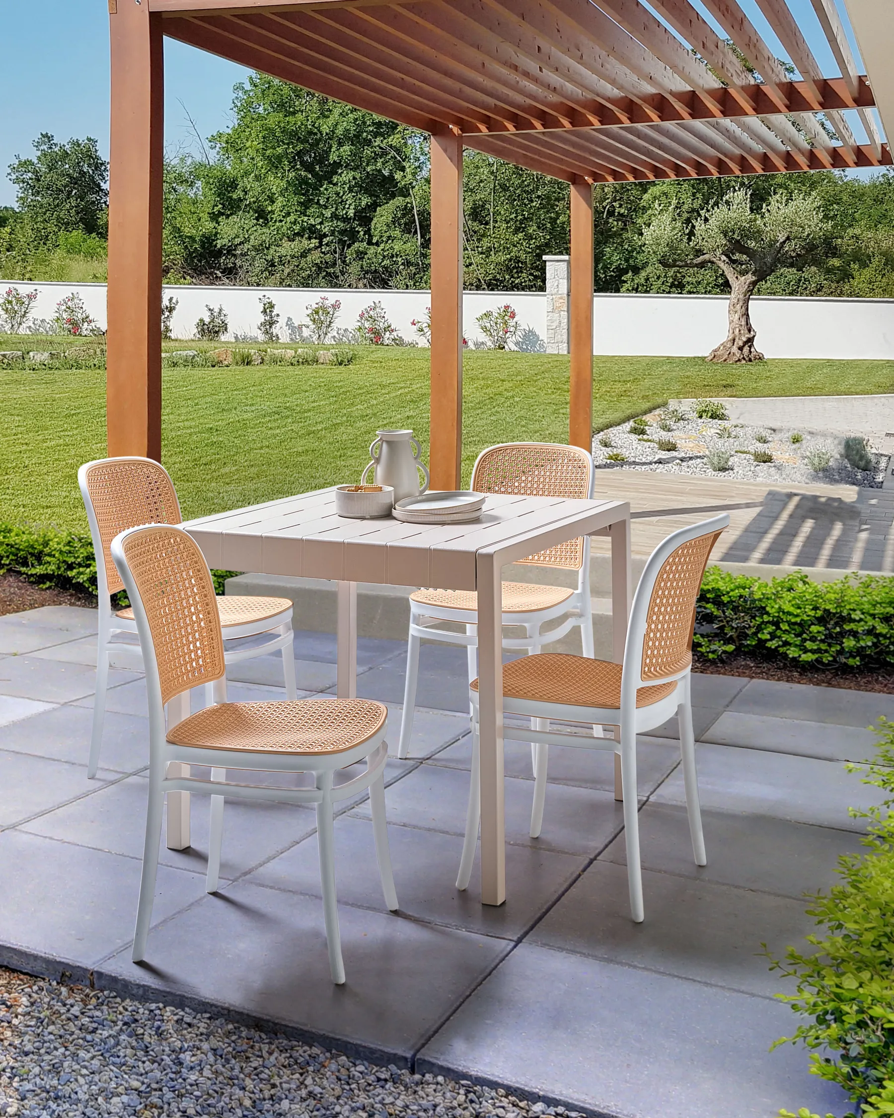 Set med 4 trädgårdsstolar PLOSE Vit/ Beige_997437