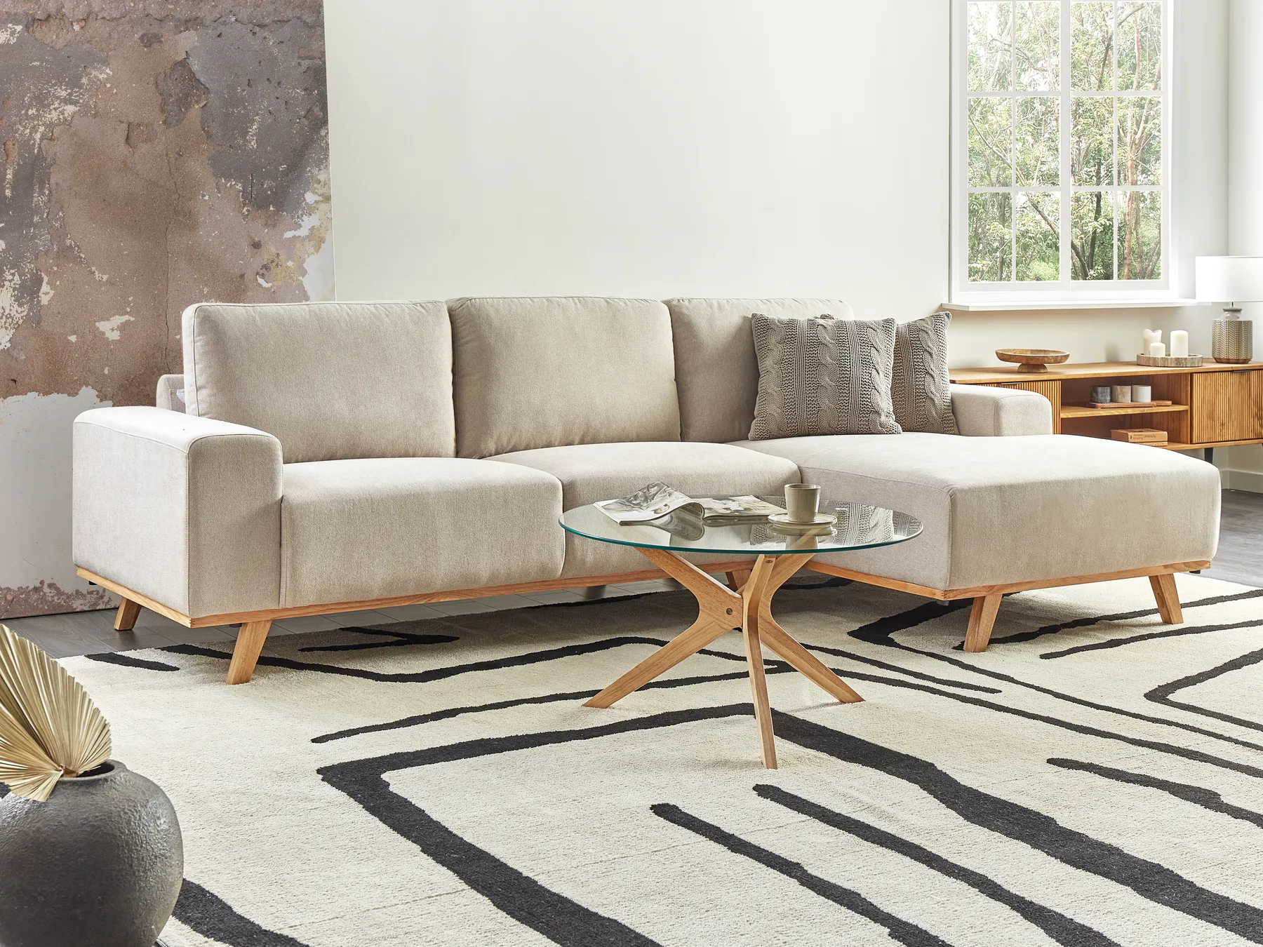 Corner Sofa 3 Seater NORA Fabric Light Beige Left Hand_937387